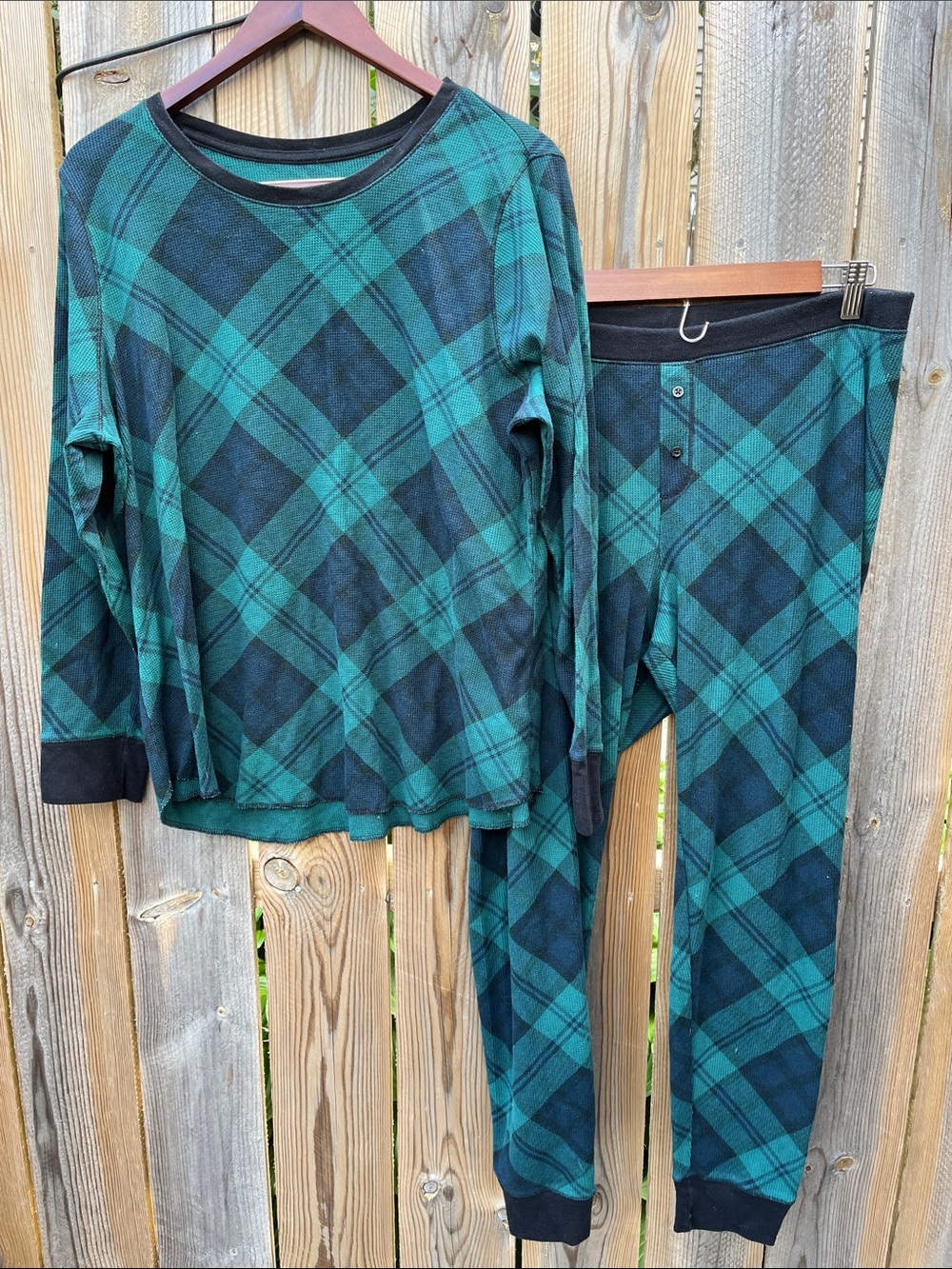Old Navy Blue & Green Waffle Thermal Knit Plaid Pajamas Set 2X Plus